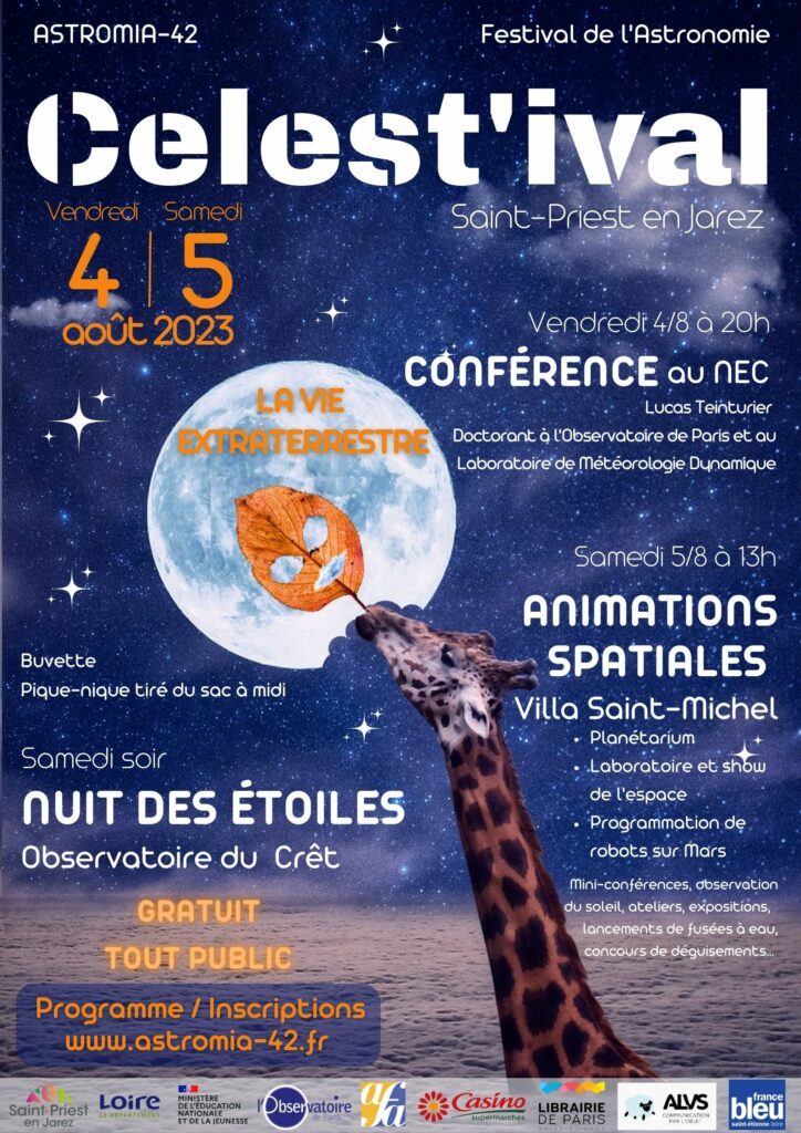 Affiche et programme du festival d'astronomie avec girafe mangeant une feuille en forme d'alien devant une planète