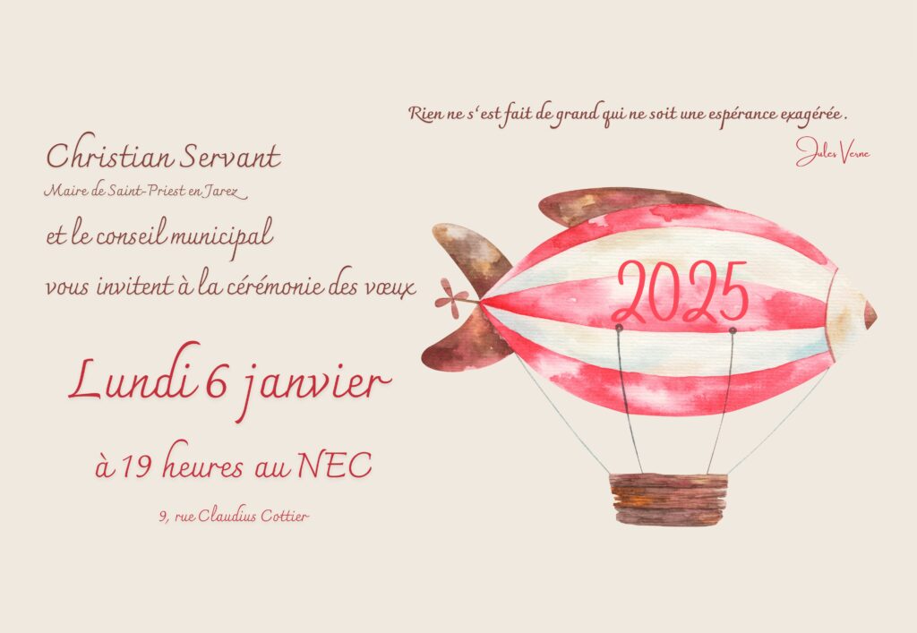 Carte de vœux avec ballon dirigeable dessiné en rouge et rose - Citation de Jules Verne : rien ne s'est fait de grand qui ne soit une espérance exagérée