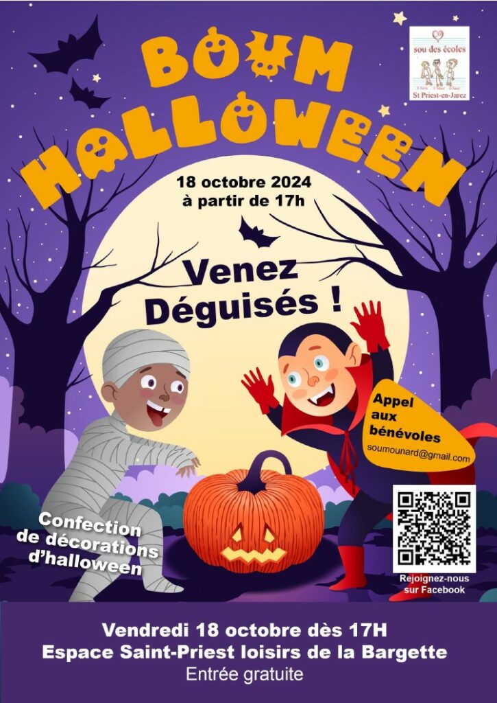 invitation à la boum d'haloween par le sou des écoles le 18.10 à 17h à l'espace loisirs de la bargette