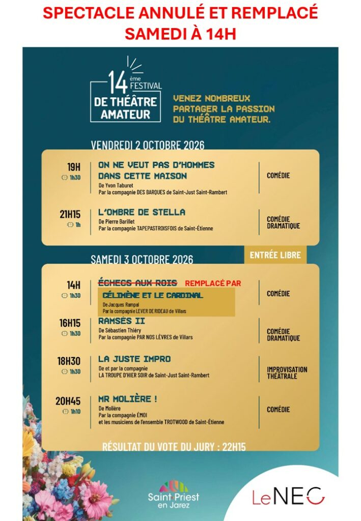 affiche du festival de théâtre amateur indiquant le remplacement d'un spectacle