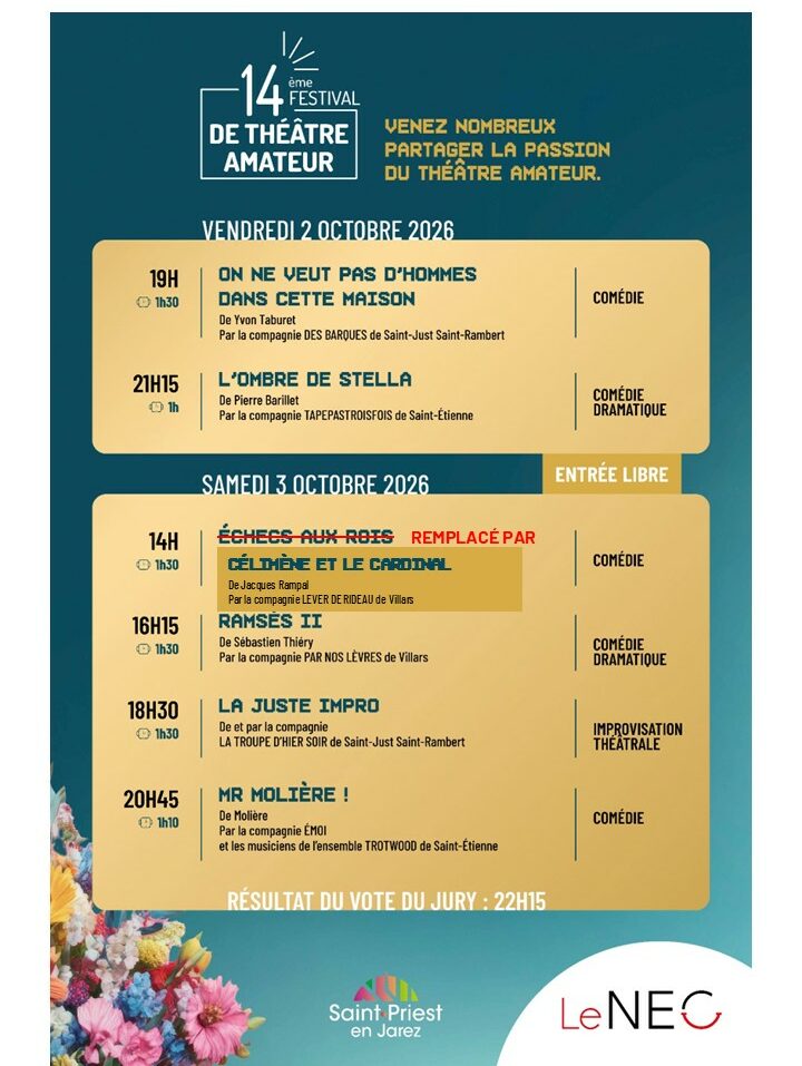 affiche du festival de théâtre amateur indiquant le remplacement d'un spectacle